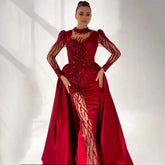 Wine Red Mermaid Luxury Lace Beaded Satin Evening Dresses Dubai Formal Gowns 2025 For Woman Wedding Party LA72202