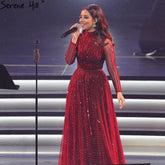 Wine Red Muslim Luxury Evening Dresses Gowns 2025 A-Line Sparkle Beaded For Women Party LA70991