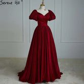 Wine Red Satin Evening Dresses Gowns 2025 A-Line Simple Short Sleeve Sexy For Women Party LA71347