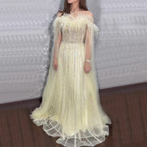 Yellow A Line Cape Sleeves Beaded Feathers Arabic Long Evening Dresses Gowns For Women Wedding Party 2025 LA72190