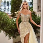 Yellow Mermaid Sexy High Split One Shoulder Beaded Evening Dresses Gowns For Woman Wedding Party 2025 LA71979