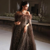 Off Shoulder Feathers Brown Evening Dress with Cape Sleeves LA72401