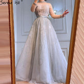 Muslim Grey A-Line Luxury Evening Dresses Gowns 2025 Long Sleeves Beading For Woman Wedding Party LA71014
