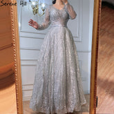 Muslim Luxury Grey Evening Dresses Gowns 2025 A-Line Beading Long Sleeves For Woman Wedding Party LA70819