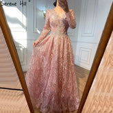 Muslim Luxury Pink Evening Dresses Gowns 2025 Beading Lace A-Line For Woman Wedding Party LA71029