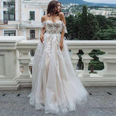 Sexy Sweetheart A Line Wedding Dresses Off Shoulder Champagne Liner Tulle Appliques Sleeveless Bridal Gowns Womens Formal 2023
