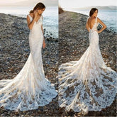 Sexy V-Neck Backless Mermaid Vestidos De Novia Appliques Vestido De Noiva Sweep Train Beach Wedding Dresses Lace Robe De Mariée