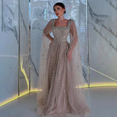 Muslim Caramel Beaded A-Line Luxury Evening Dress Gown with Cape Sleeves LA71803A
