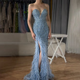 2025 Arabic Strapless Blue Beaded Feathers Luxury Dubai Evening Gowns with Side Skirt for Women Wedding party LA72695