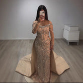 Luxury Beaded Off Shoulder Long Sleeve Evening Dress Gown with Train LA72930