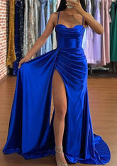 2025 Arabic Blue Mermaid Spaghetti Straps Silk-like Satin Ruched Prom Dress for Women's Party LA72682