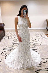 Sheath Lace Wedding Dress open Back Bridal Dress With Court Train WD590