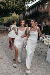 Silk Satin Sheath Scoop Neck Long Bridesmaid Dresses With Slit