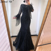Blcck Long Sleeve O-Neck Feathers Crystal Luxury Evening Dress Gown LA60912