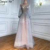 Silver Luxury Long Sleeves Dubai Evening Dresses 2025 A-Line Sequins Beading Sexy Formal Dress LA70418