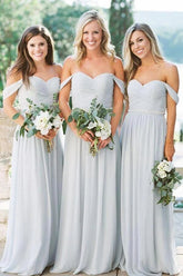 Silver Chiffon A-line Off Shoulder Bridesmaid Dresses, Wedding Party Dress