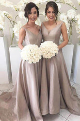 Silver Simple A-line V-neck High Low Sweep Train Bridesmaid Dresses
