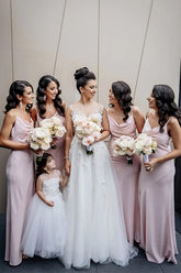 Simple Light Pink Sheath Cowl Neck Spaghetti Straps Bridesmaid Dresses