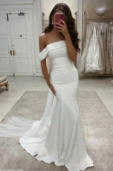 Simple Mermaid Off The Shoulder Ivory Satin Wedding Dress WD605