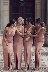 Simple Sheath Pink Sleeveless Long Bridesmaid Dresses With Side Split
