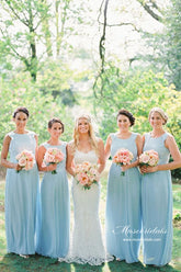 Sky Blue Chiffon A-line Round Neck Lace Top Bridesmaid Dresses