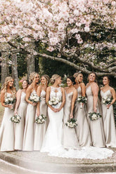 Sleek Spaghetti Straps Silk Satin Floor-length Bridesmaid Dresses BD091