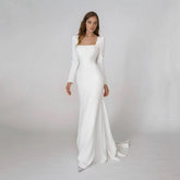 Elegant Satin Mermaid Wedding Dress Square Neck Long Sleeves Backless Party Bridal Dress Bride Dress Vestido De Noiva