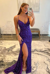 Robe de bal sirène violette longue avec fente VMP172