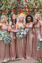 Sparkly Rose Gold Mismatched Sequins Floor Length Bridesmaid Dresses