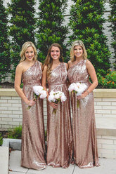 Sparkly Rose Gold Sequins One Shoulder Long Bridesmaid Dresses