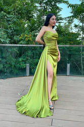 Robe de bal longue en satin vert, style sirène, référence Y242