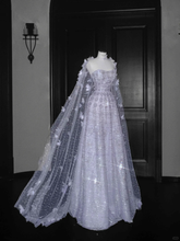 Robe de soirée trapèze en tulle lilas ornée d'appliqués de perles, modèle Y8657