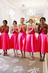 Neon Pink Tea Length Bridesmaids Dresses VMB76