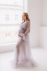 V Neck Tulle Puffy Maternity Dress With Train