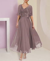 A-Line/Princess Chiffon V Neck Short Sleeves Mother of the Bride Dresses with Lace Jacket Pleats Appliques
