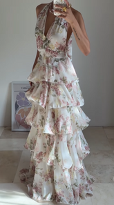 Vestido de fiesta glamuroso de gasa con estampado floral, corte en A, espalda descubierta, escote en V, cuello halter y capas, modelo Y8501