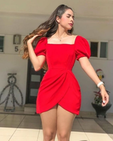 Vestido de fiesta con escote cuadrado rojo y mangas abullonadas Y2546