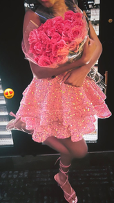 Vestido de cóctel brillante con lentejuelas y cuello halter, vestido rosa de corte A para fiesta de bienvenida Y4245