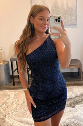 Vestido ajustado de fiesta azul marino oscuro con un solo hombro y cuentas Y2843