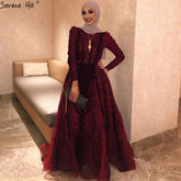 Velvet Wine Red Evening Dresses Long Sleeves Luxury Design Beading Formal Dress 2025 Plus Size LA60903