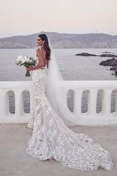 Robe de mariée sirène vintage en dentelle et perles, décolleté en V profond, robe de mariée, MW558