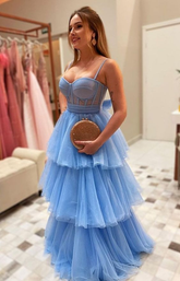 Vestido de graduación azul de tul con tirantes finos y corte en A, vestido de noche encantador Y453
