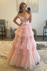 A Line Off the Shoulder Light Pink Long Prom Dress with Ruffles