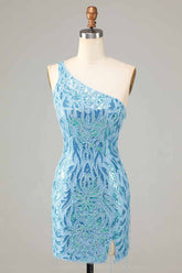 Vestido corto azul de lentejuelas con un solo hombro para baile de bienvenida