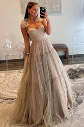 Khaki A-Line Spaghetti Straps Tulle Long Prom Dress with Bows