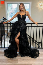 Sparkly Spaghetti Straps A-Line Sequins Tiered Long Corset Prom Dress with Slit