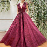 Wein Rot A-Line Spitze Sexy Abendkleider 2025 V-ausschnitt Ärmellose Handgemachte Blumen Formal Kleid Ruhigen Hill LA70508