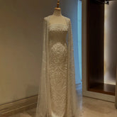 White Mermaid Long Cape Dubai Arabia Beading Luxury Evening Dresses Gowns For Formal Occasion 2025 LA72870
