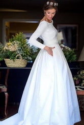 Robe de mariée blanche style robe de bal, manches longues, dos nu, avec poche, MW968