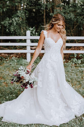 Robe de mariée Baoleely en tulle blanc avec appliques en dentelle, coupe trapèze et col en V, MW675